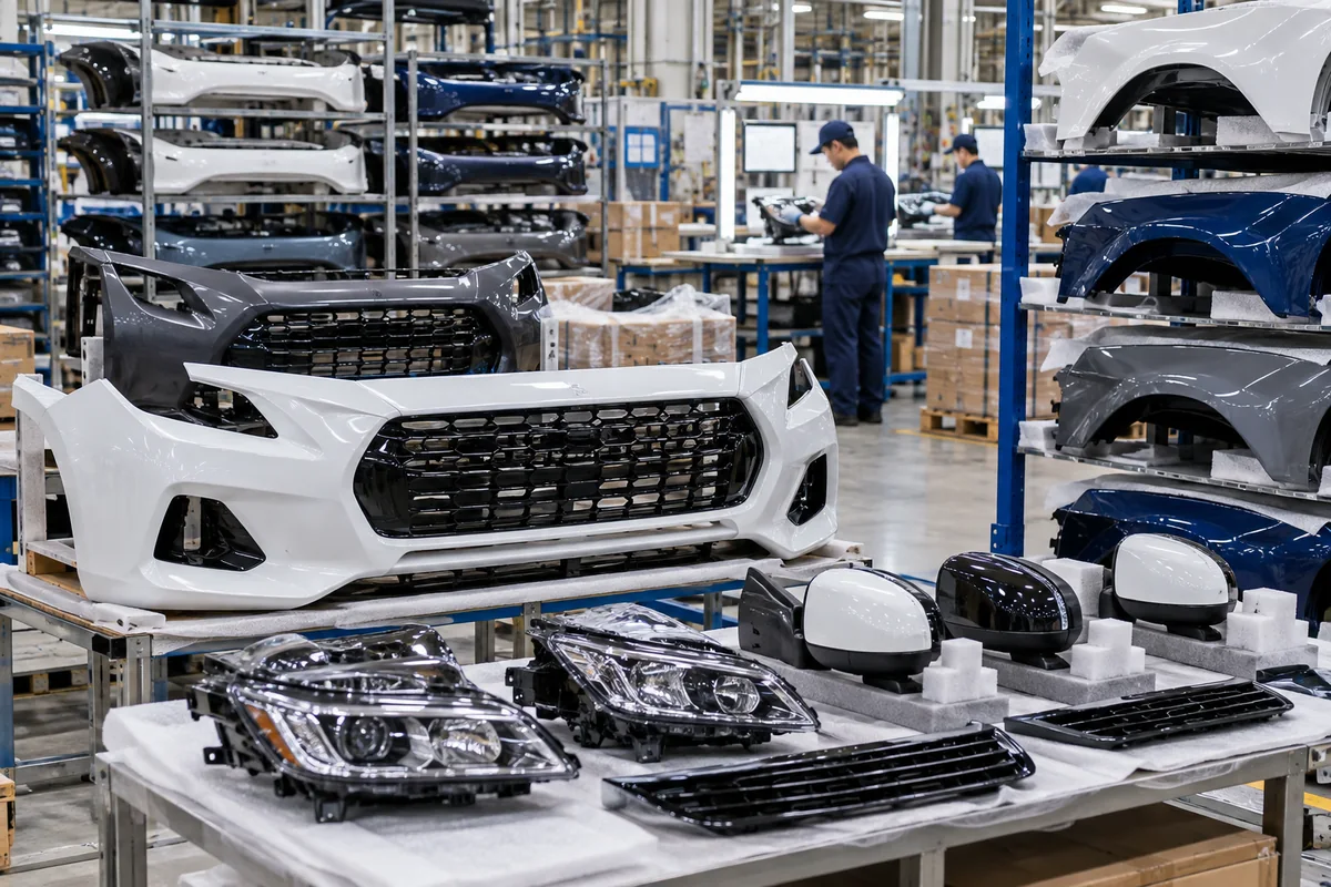 Automotive body parts in an organized factory staging area