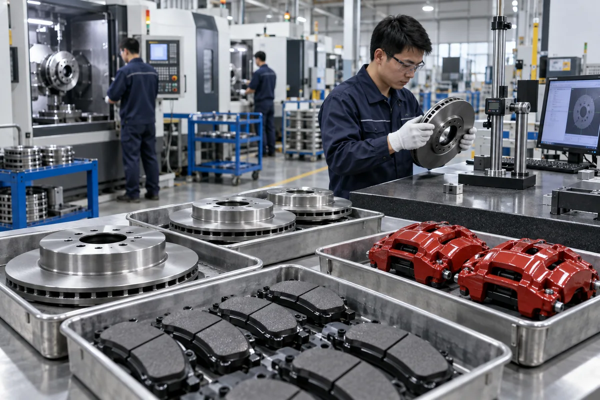 Brake discs, pads and calipers undergoing factory inspection