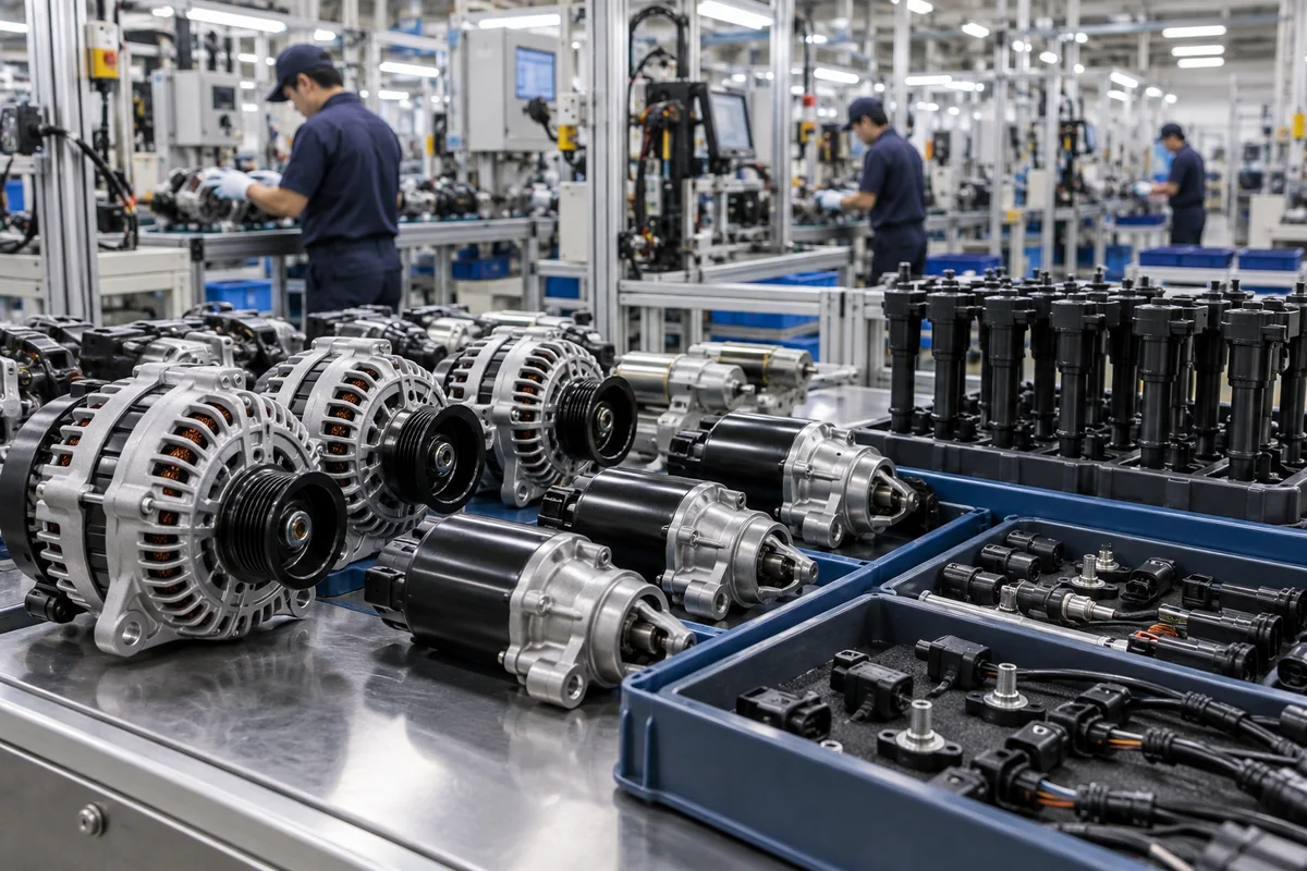 Automotive electrical and motor parts on an assembly line