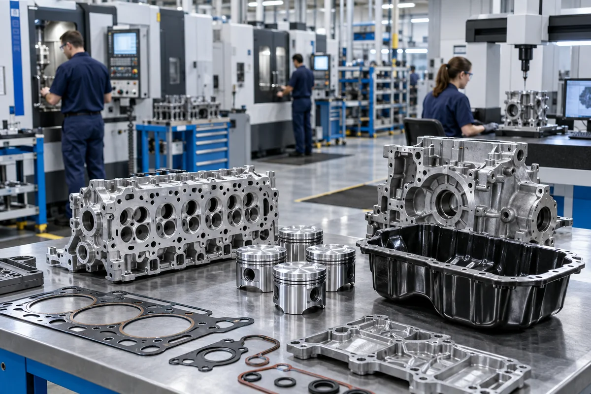 Engine components in a precision machining factory