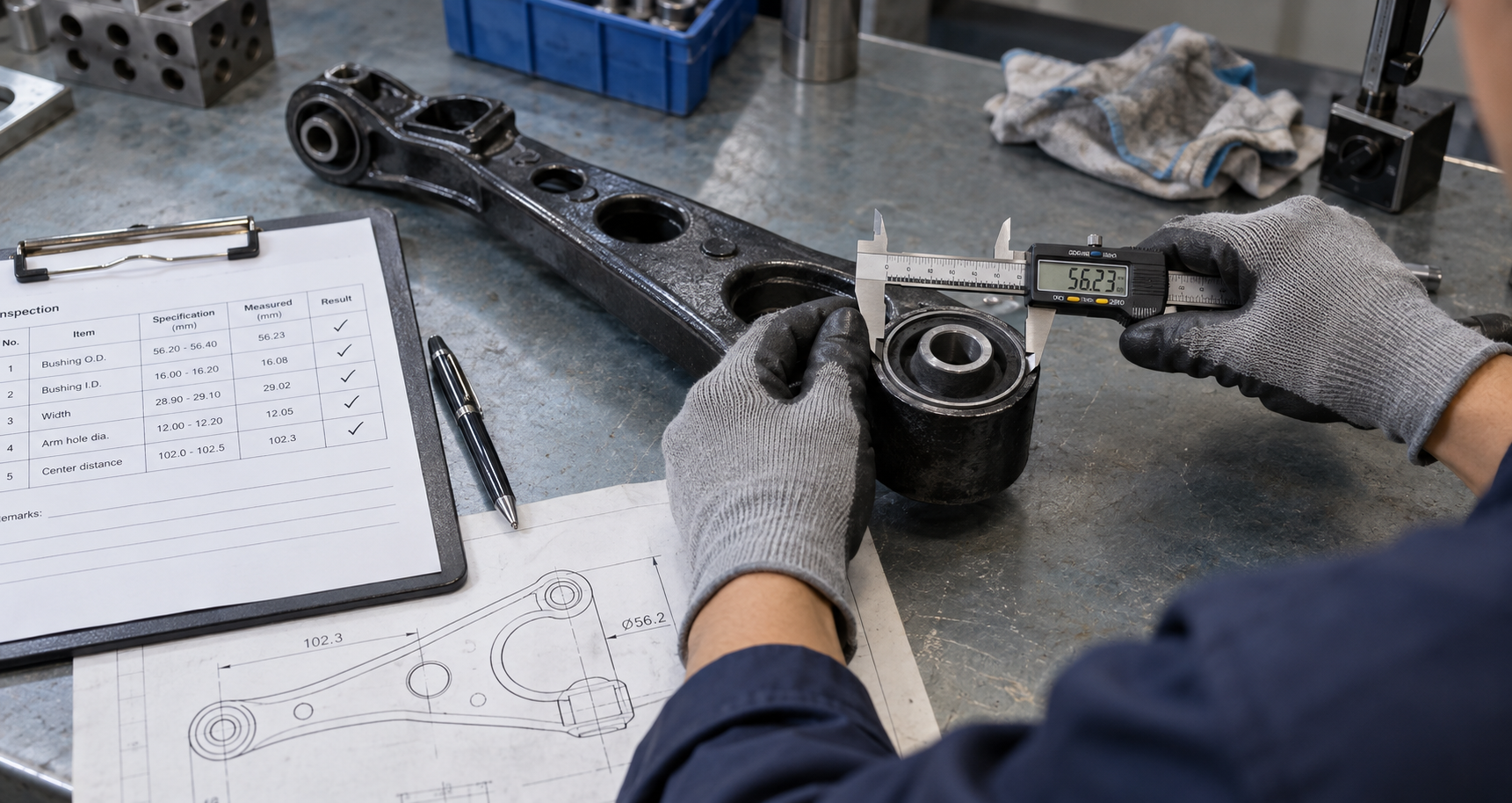 Dimensional inspection of a chassis component with a caliper, QC record and technical drawing
