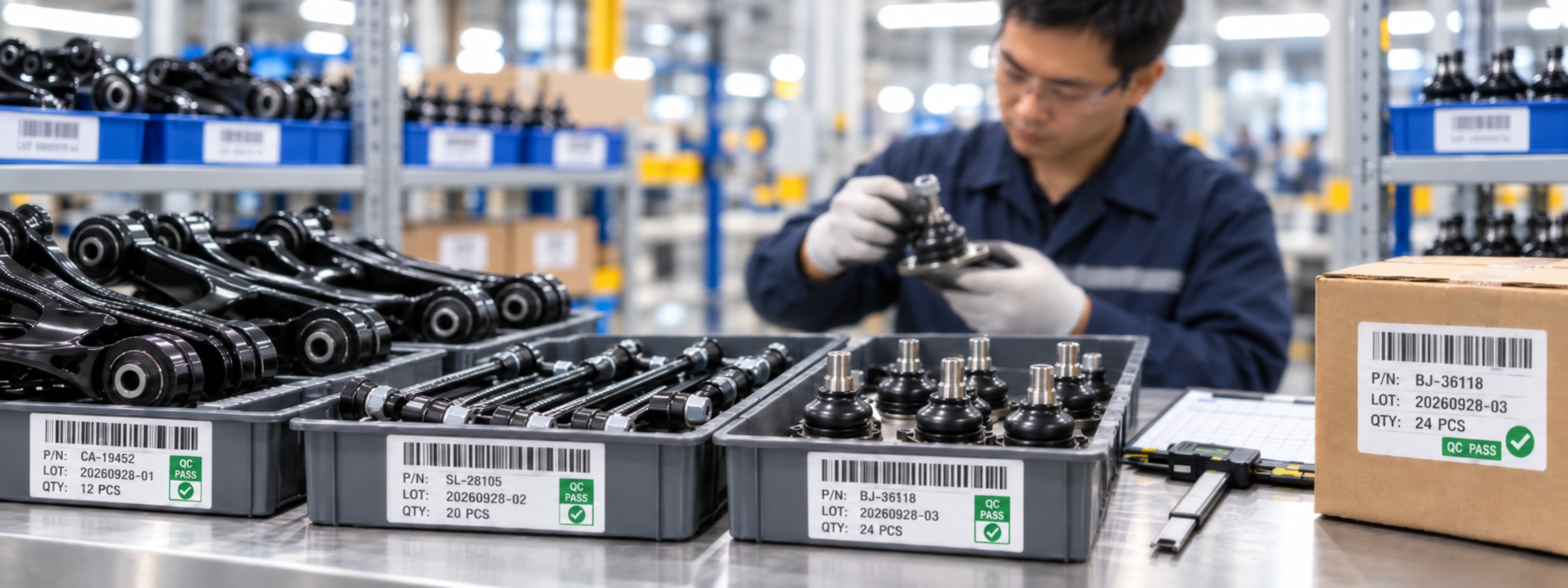 Batch-labeled chassis parts and QC inspection for order traceability